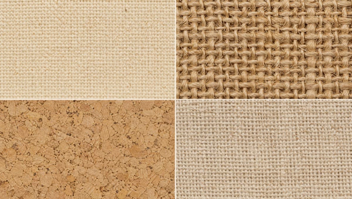 Macro views of cotton canvas, jute, cork and linen in four quadrants