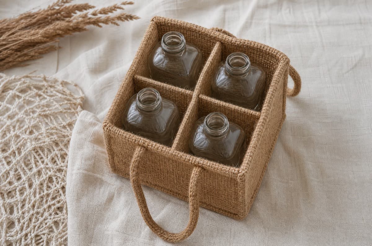 A jute carrier with four compartments holding glass bottles
