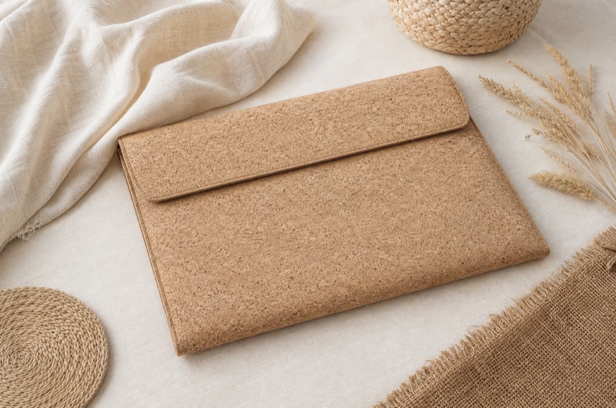 A cork fabric laptop sleeve lying closed on a desk