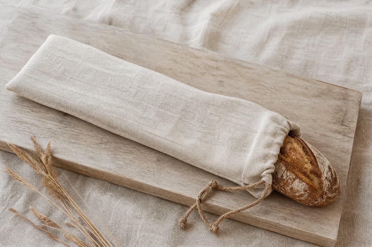 A long narrow linen bread bag with a drawstring