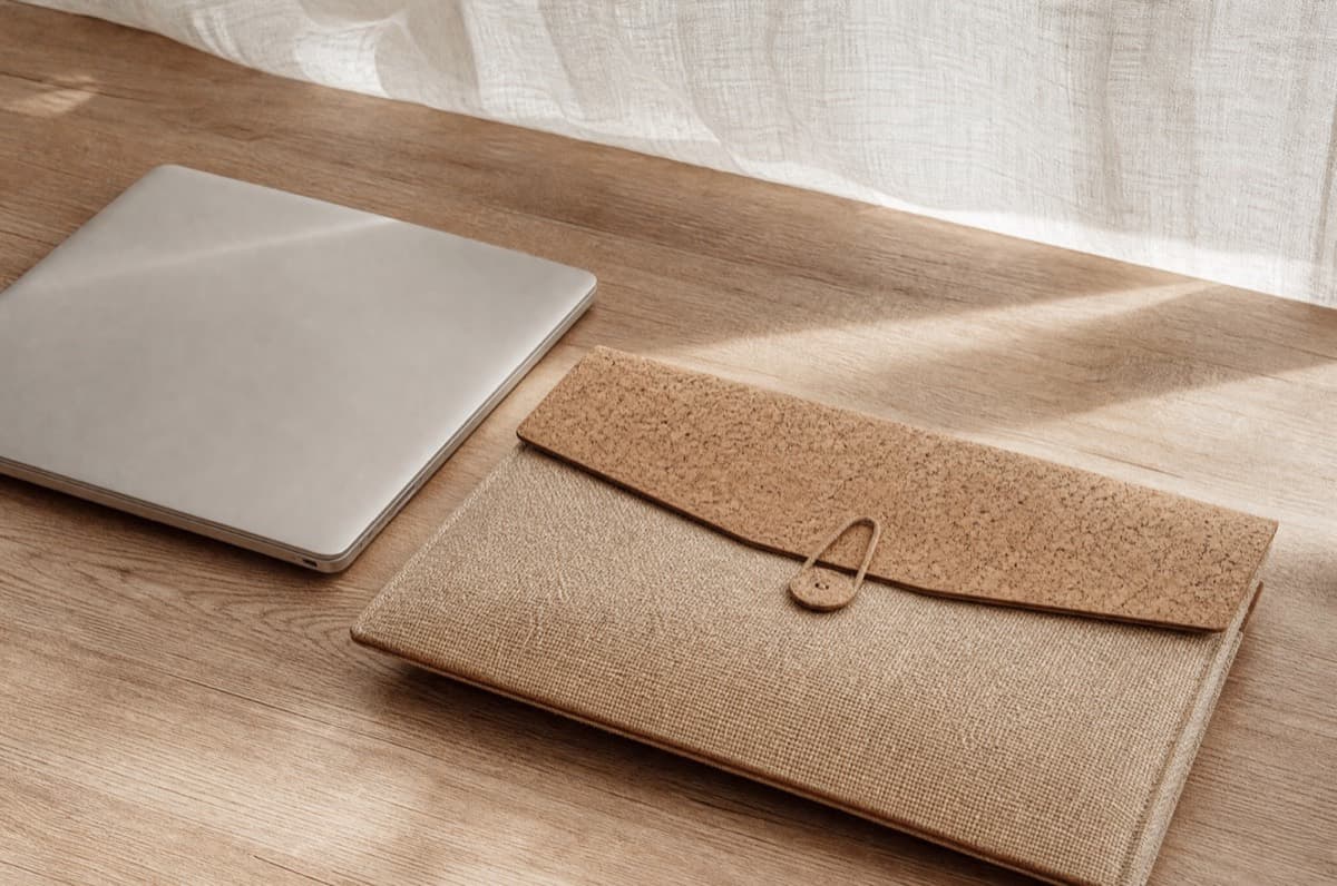 A cork laptop sleeve beside a closed laptop on a desk