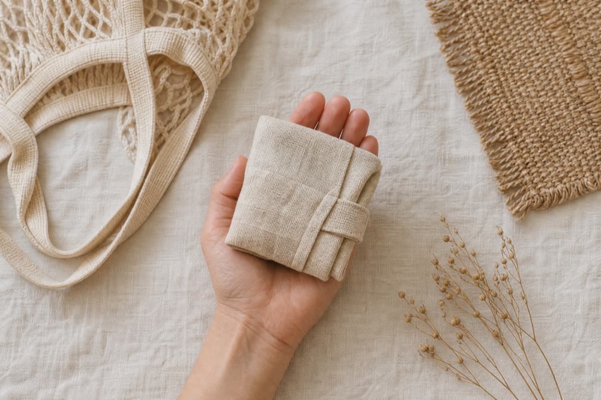 A linen shopper folded down to the size of a fist in one hand