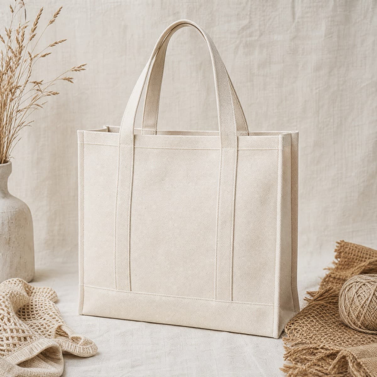 A structured 18 oz cotton canvas tote standing upright on its own