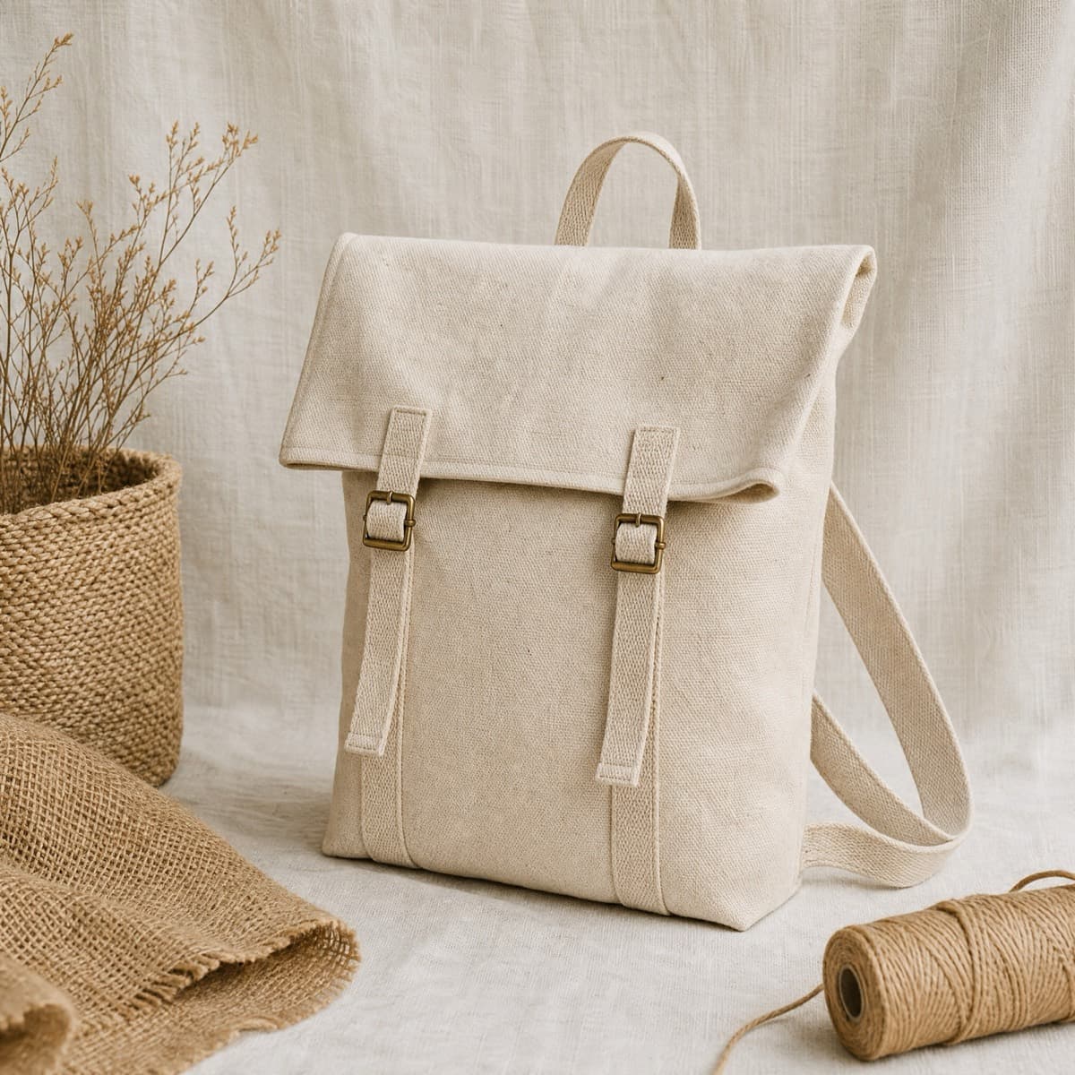 A canvas backpack with a fold-over top and brass buckles