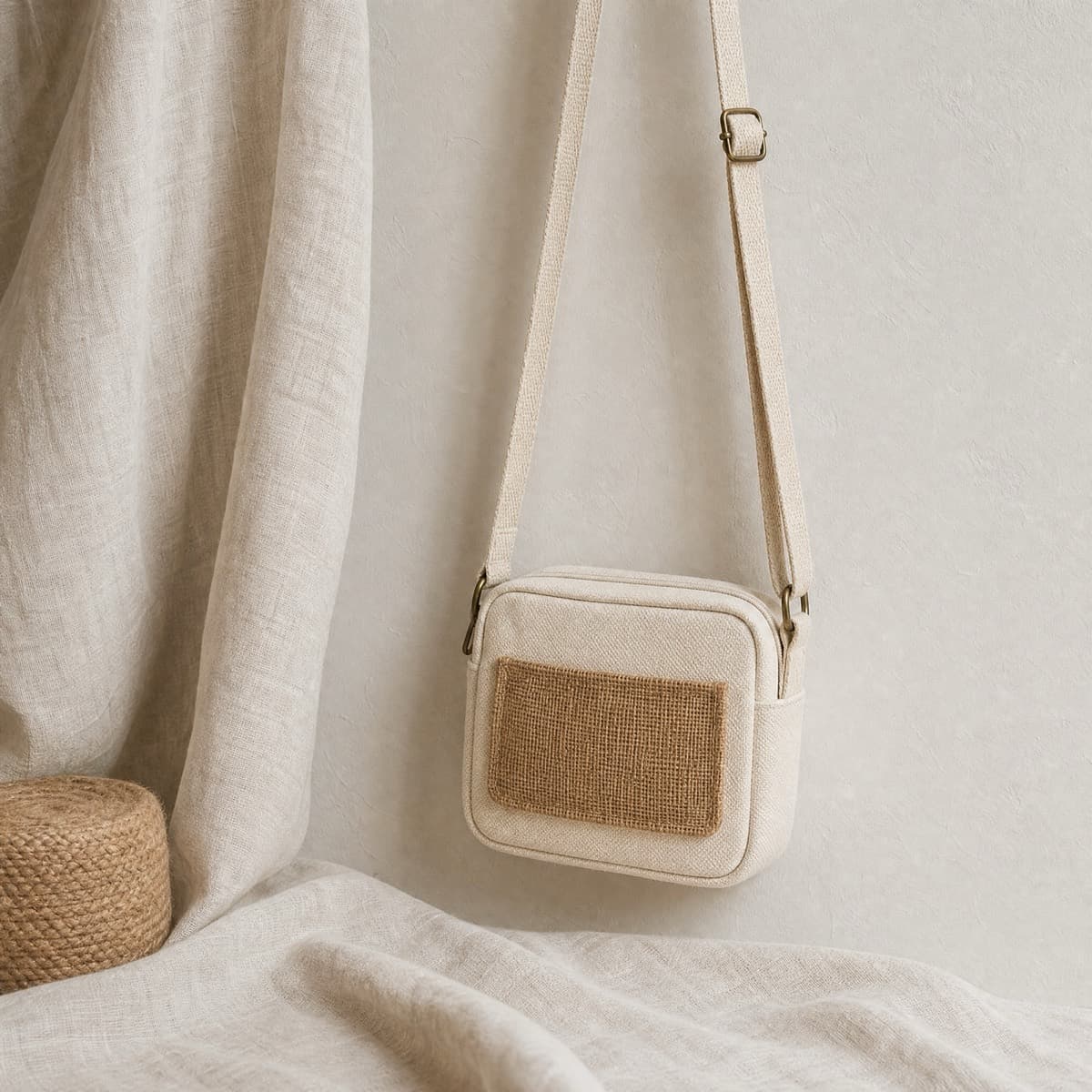 A small canvas crossbody bag with an adjustable strap