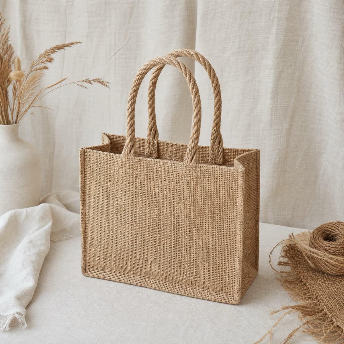 A small undyed jute tote with rope handles