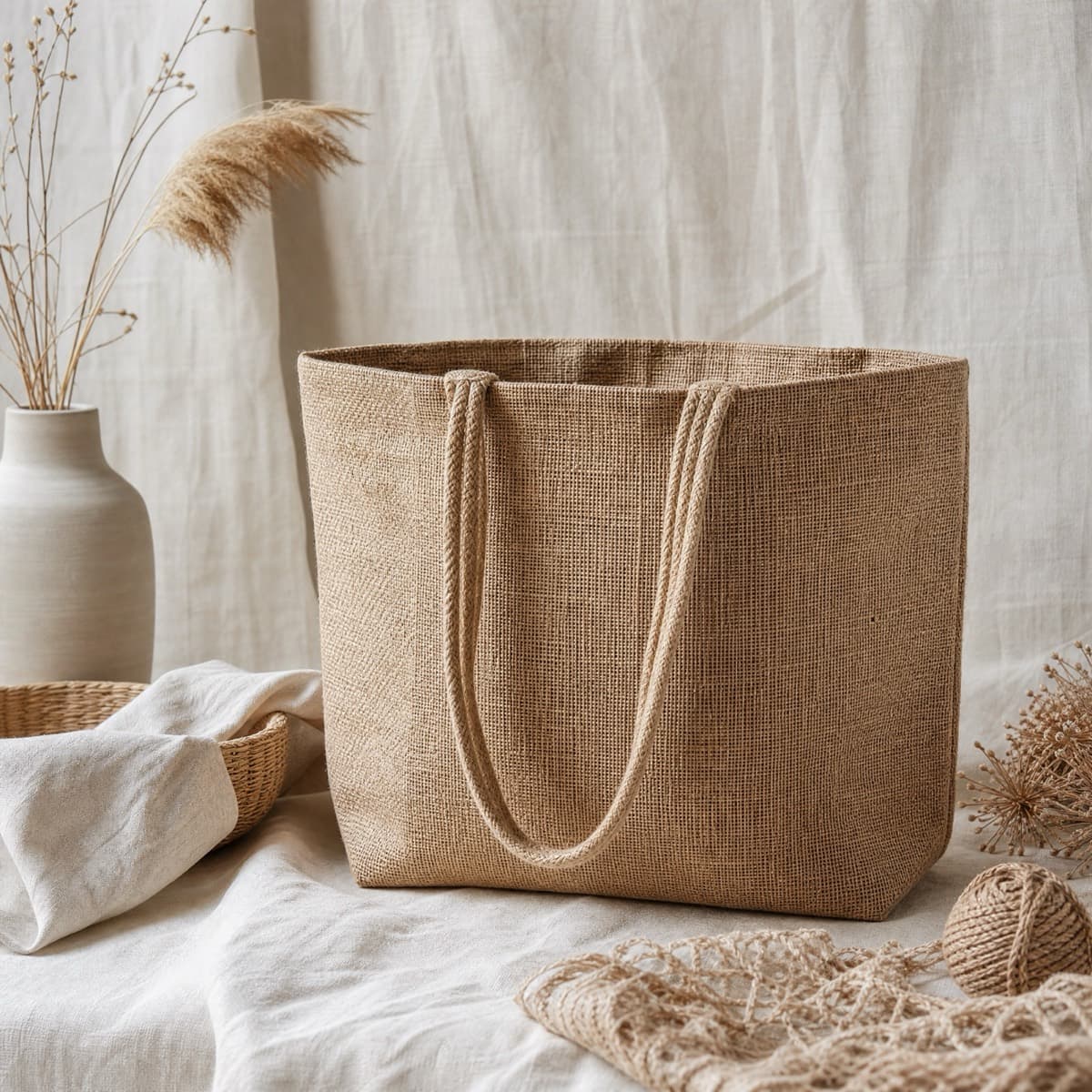 A large undyed jute market tote