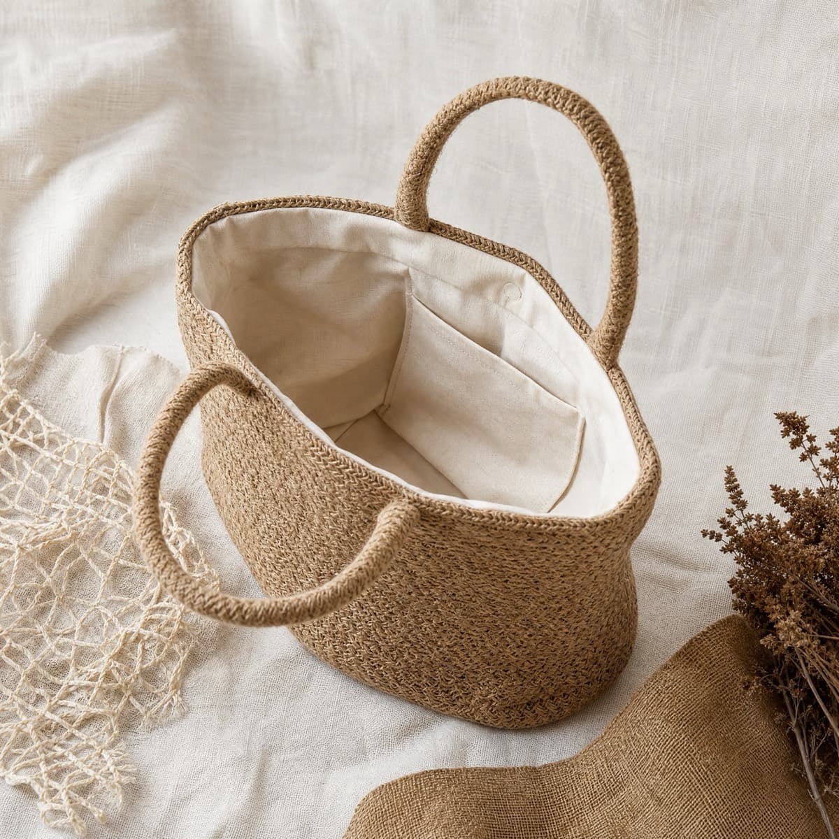 A jute tote opened to show its cotton lining