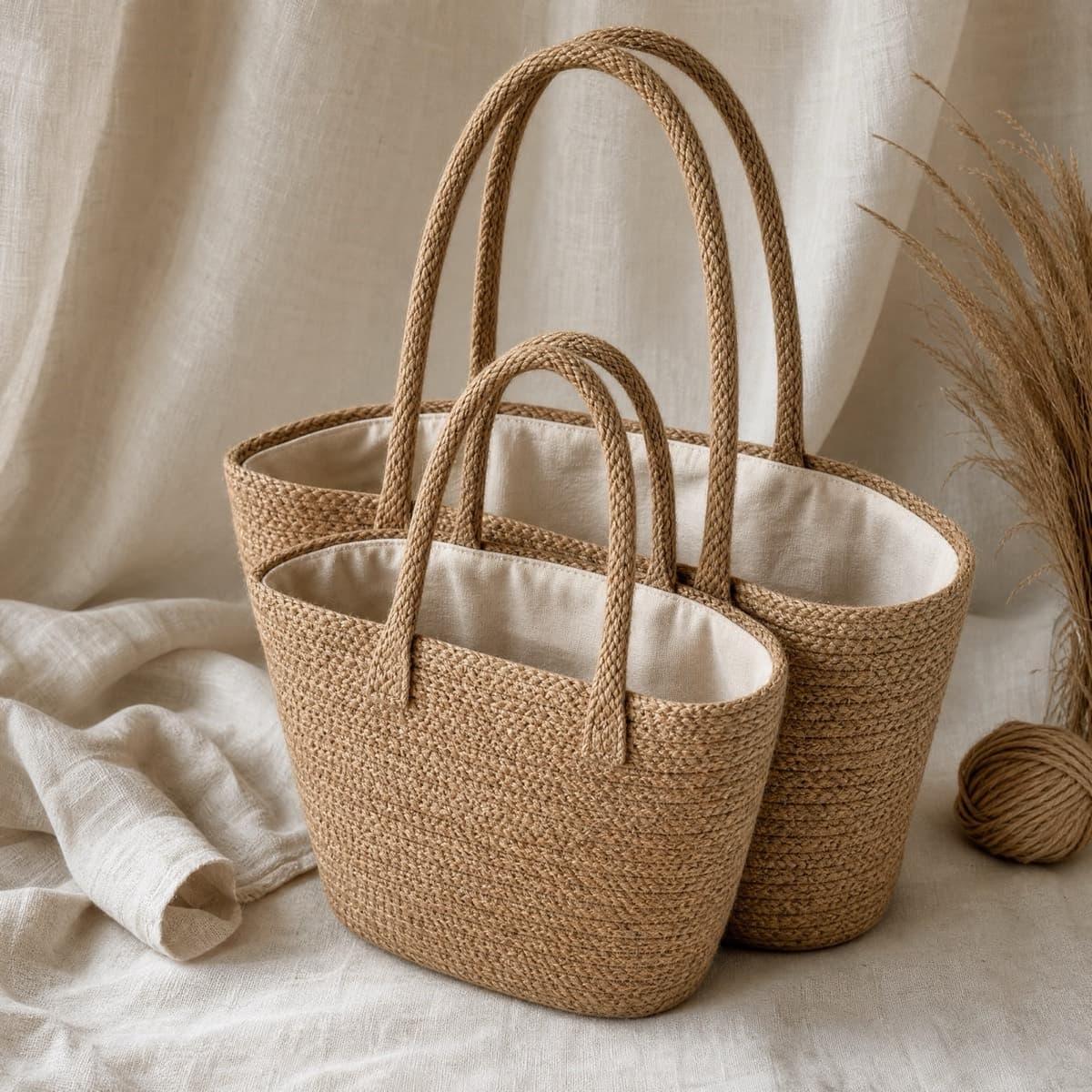 Two nesting lined jute totes, one large and one small