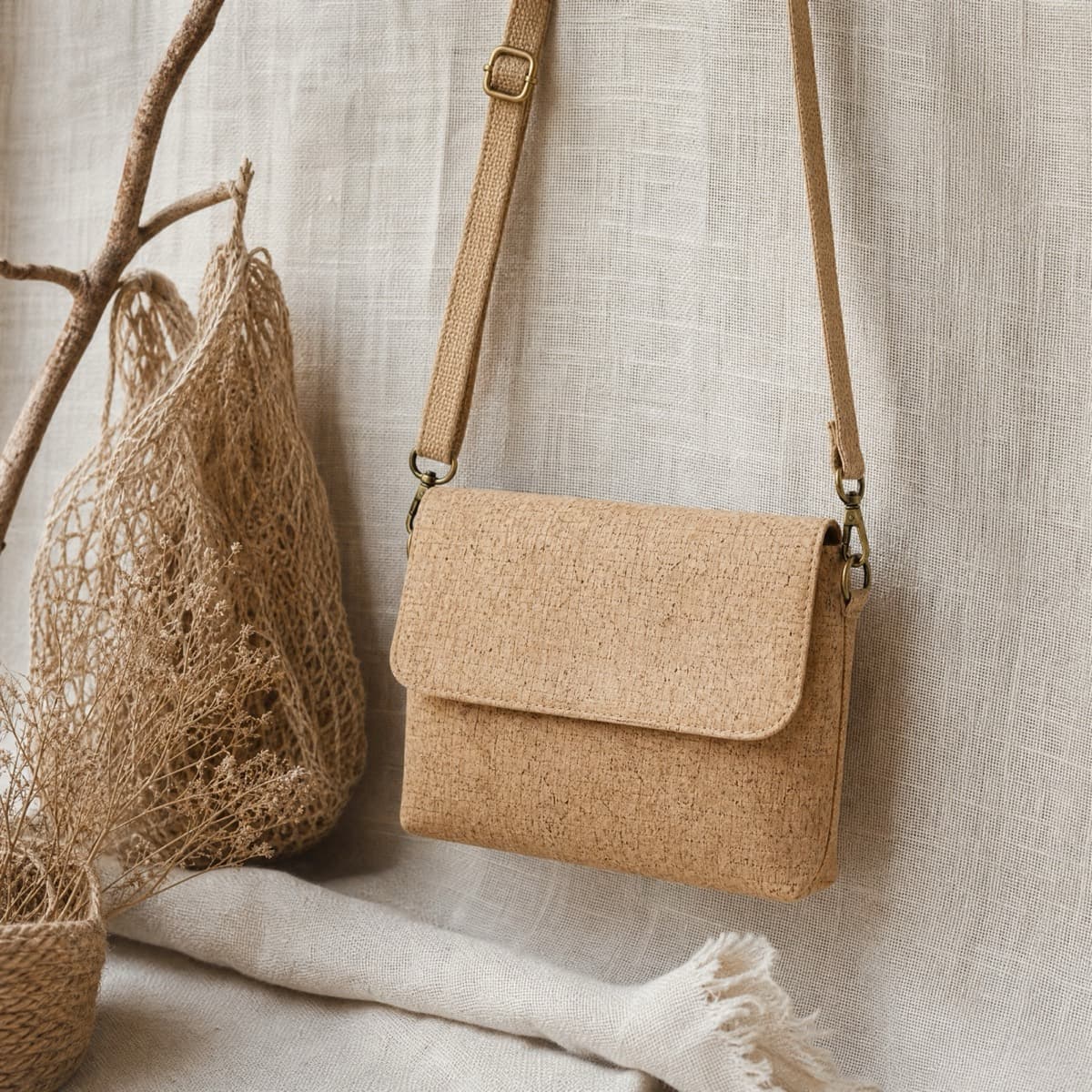 A small cork crossbody bag with a flap closure