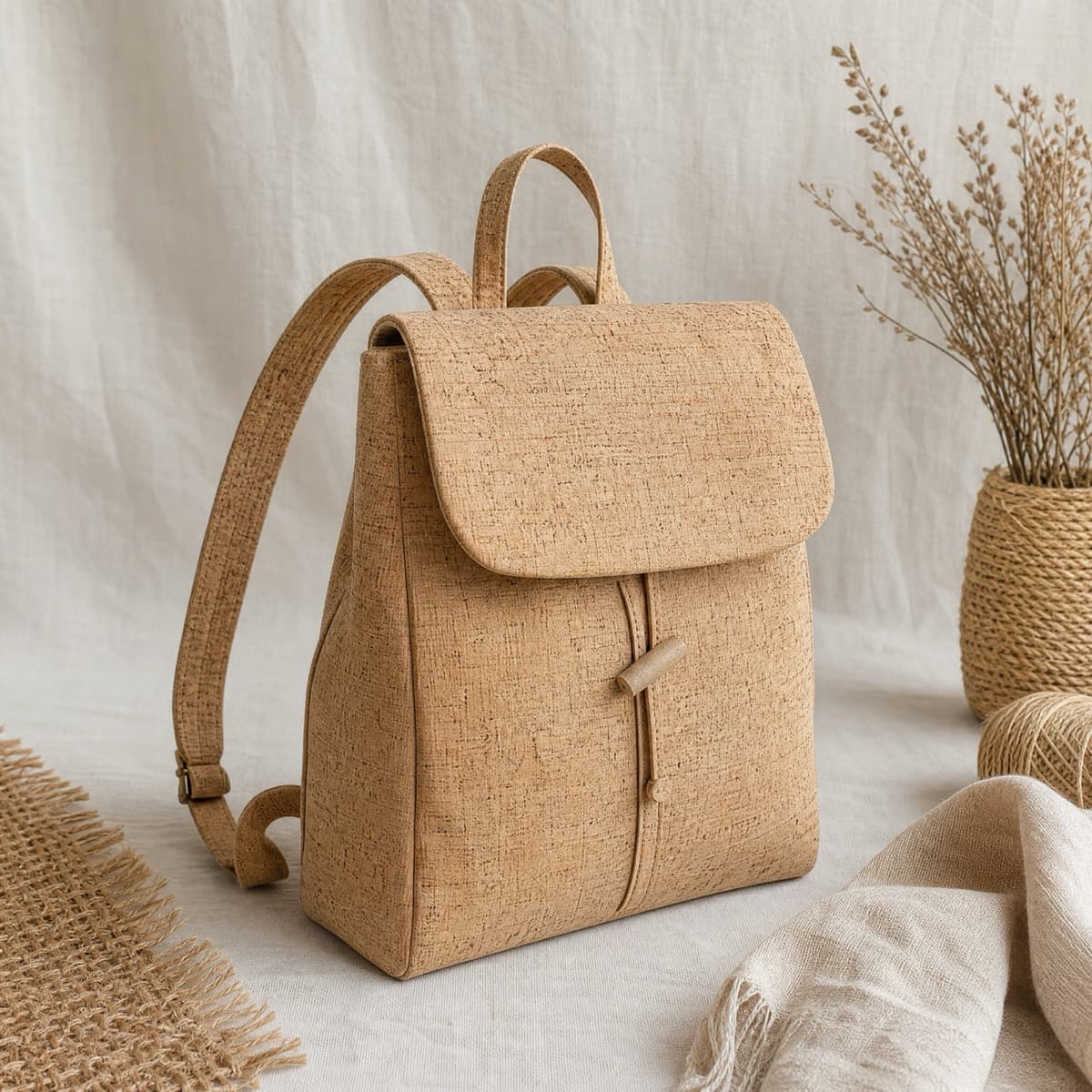 A cork fabric backpack with a flap closure