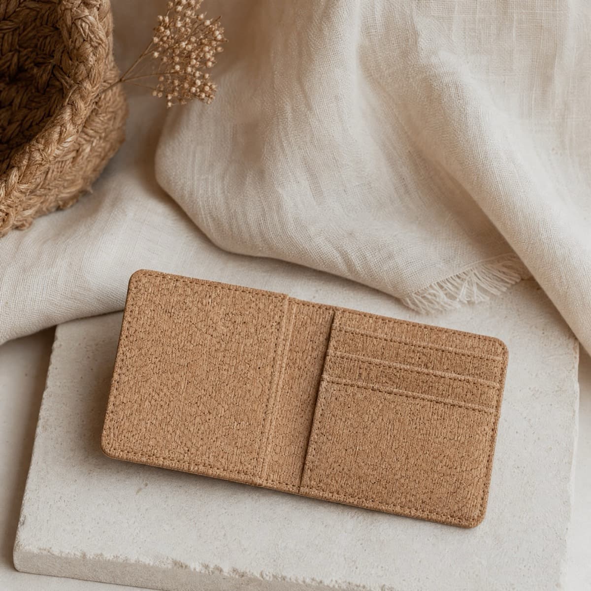 A flat cork card case with three slots