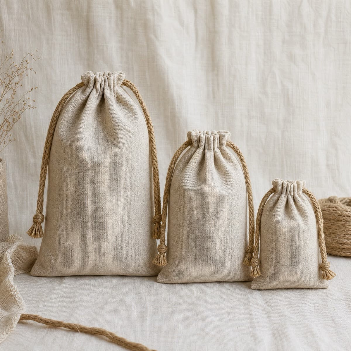 Three flat linen drawstring pouches in three sizes