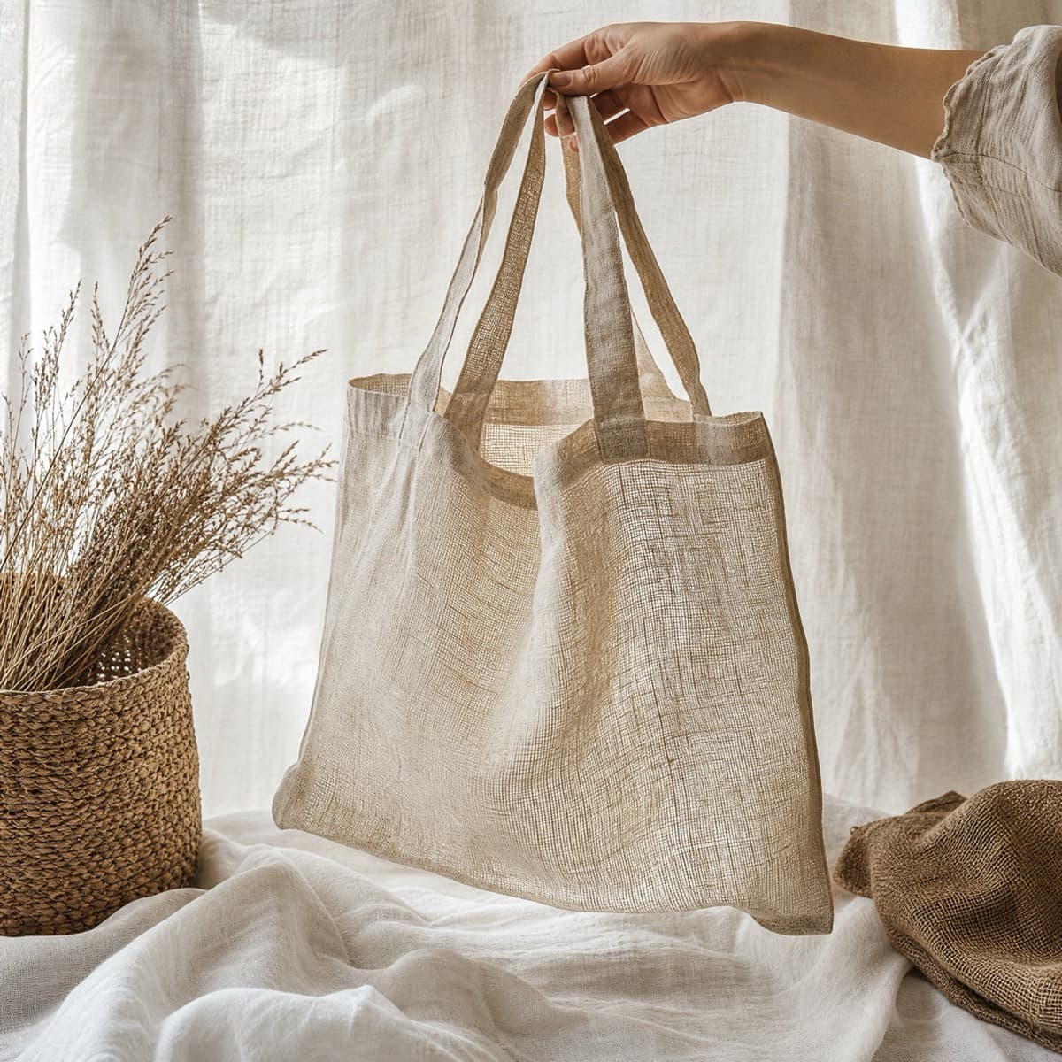 A lightweight undyed linen tote bag