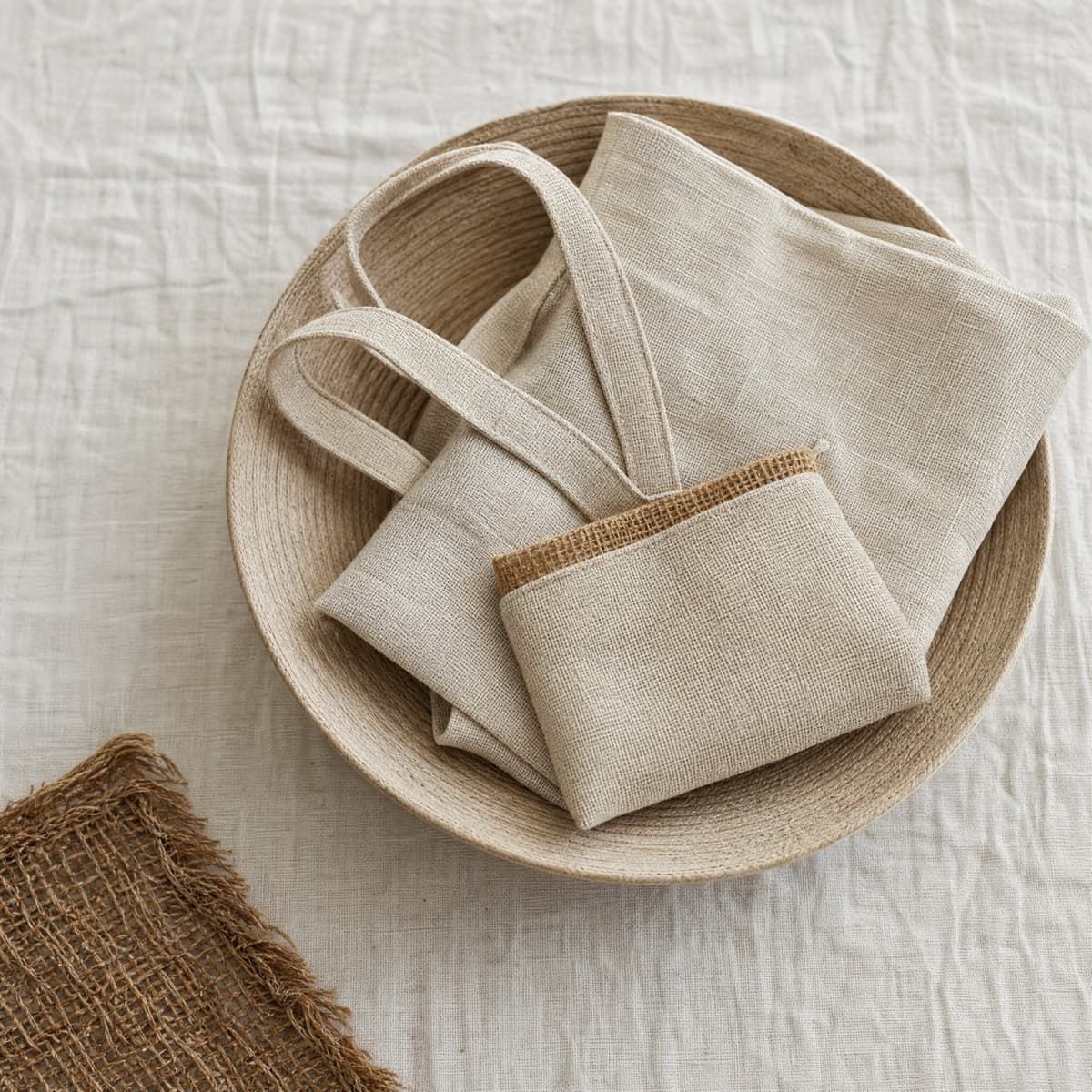 A linen shopper folded into its own integrated pouch
