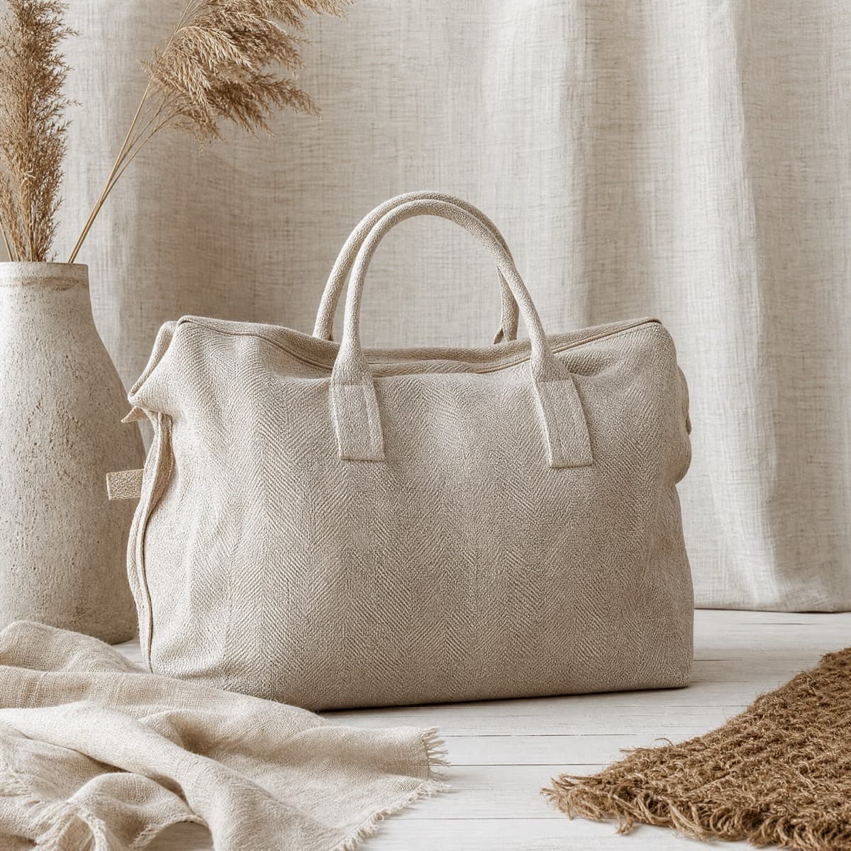 A linen-blend weekender bag with rolled handles