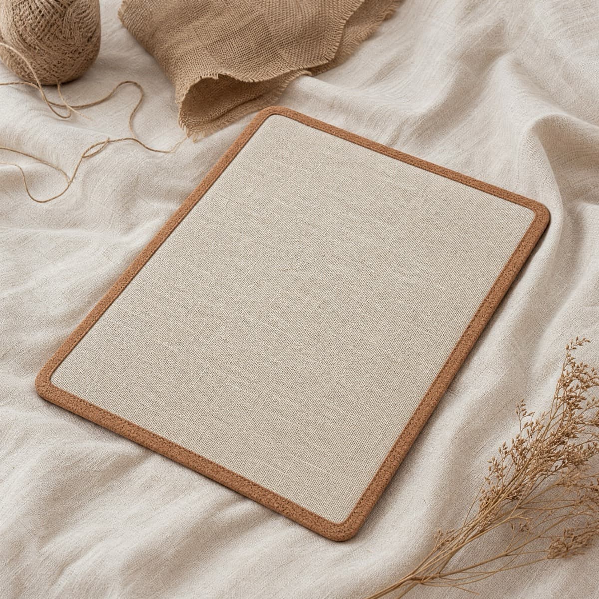 A document sleeve with a linen face and cork edge binding
