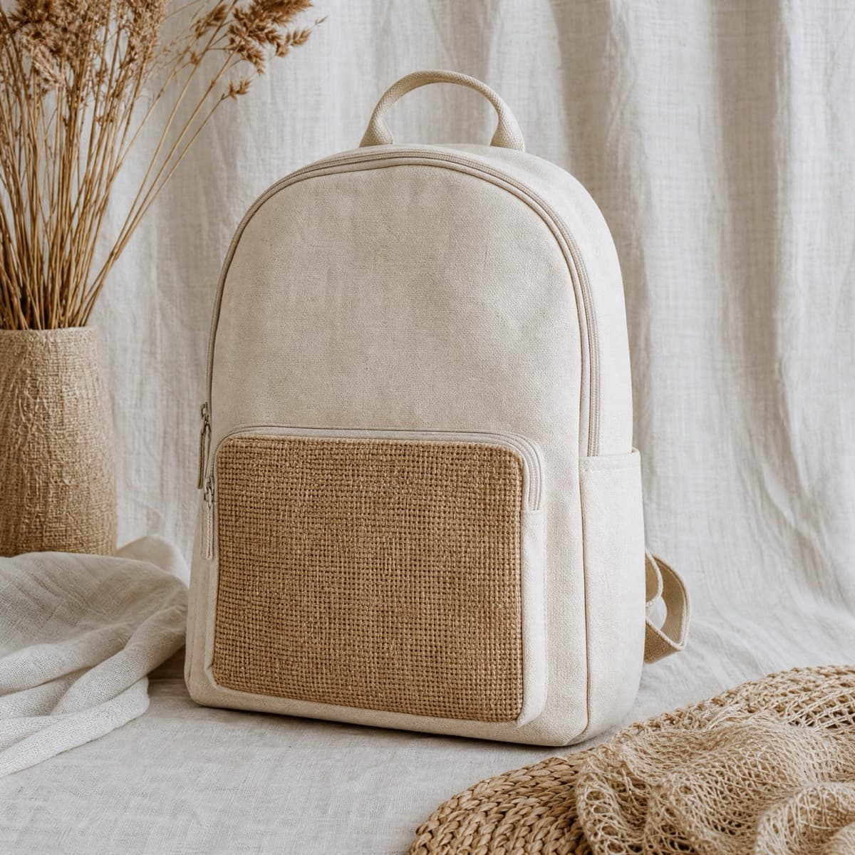 A canvas backpack with a woven jute front pocket