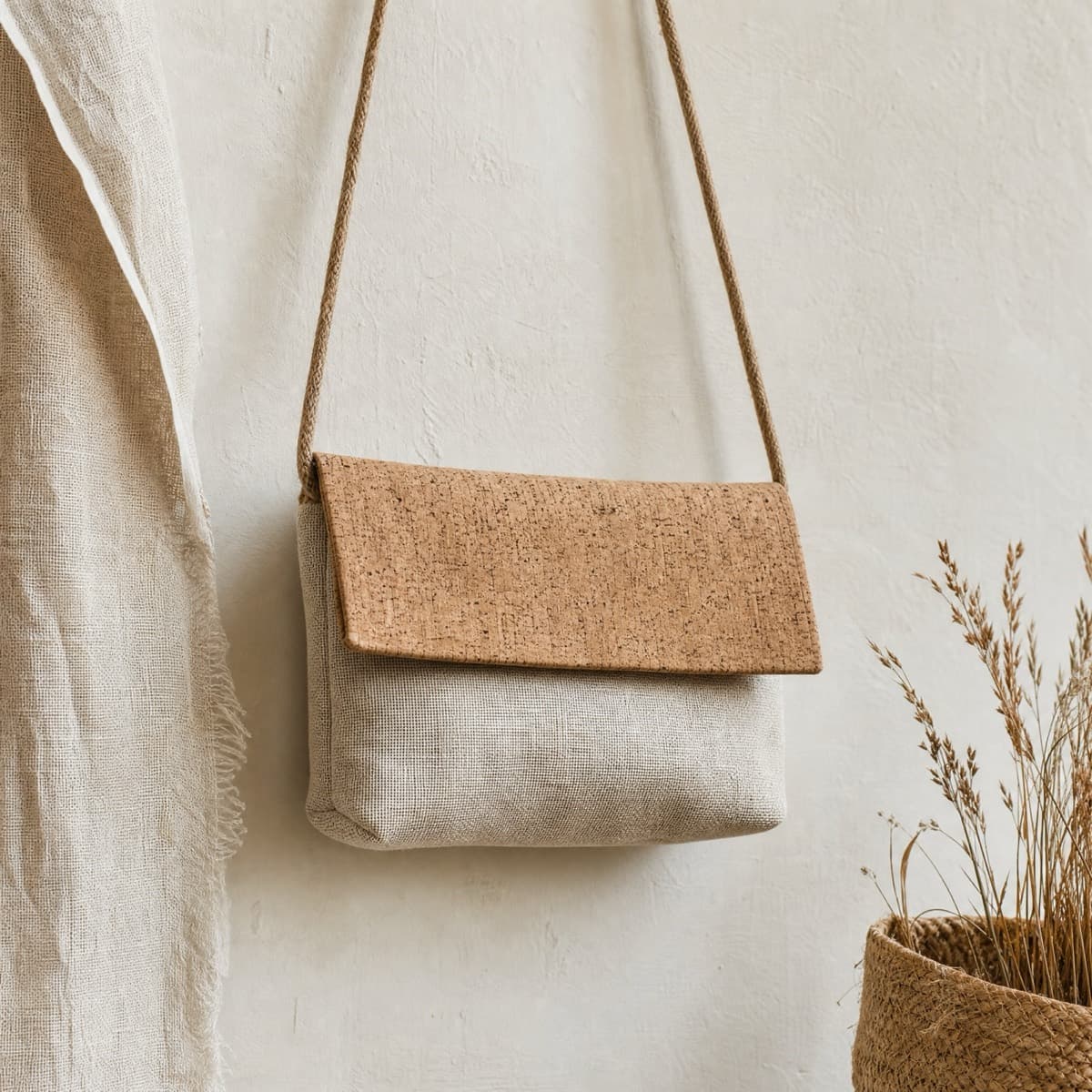 A crossbody bag with a linen body and a cork flap