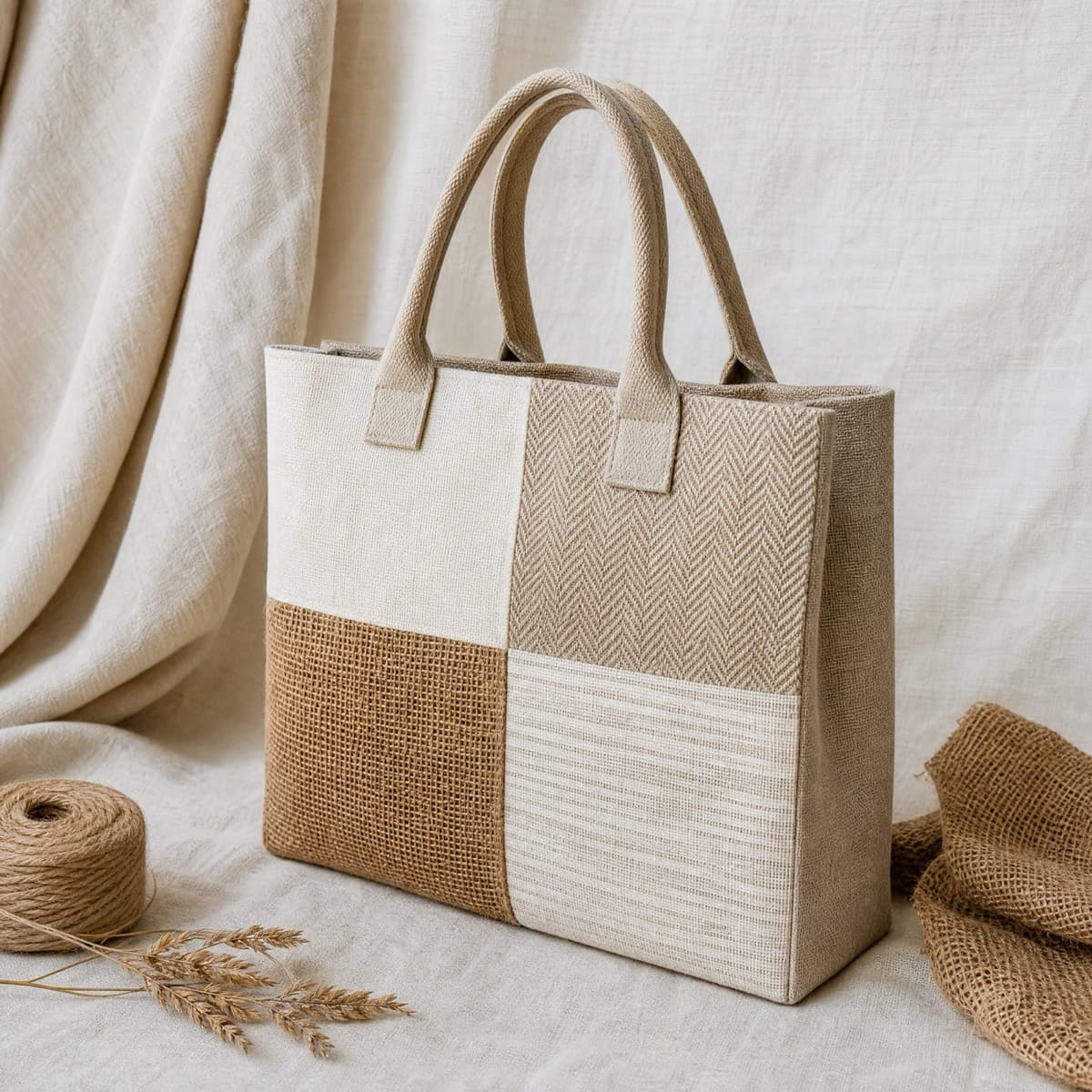 A tote pieced from canvas, jute, cork and linen panels