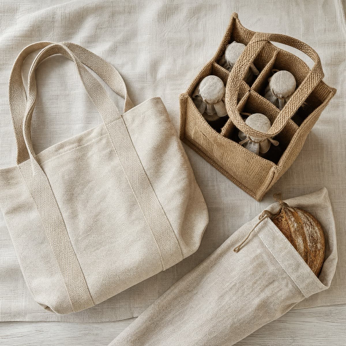 A canvas market tote, a jute bottle carrier and a linen bread bag together