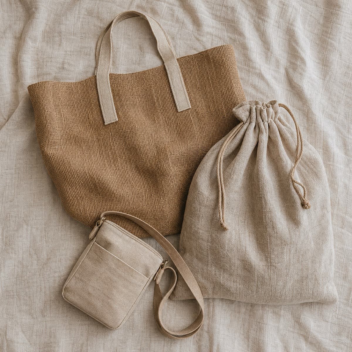 A jute beach tote, a linen laundry sack and a canvas crossbody together