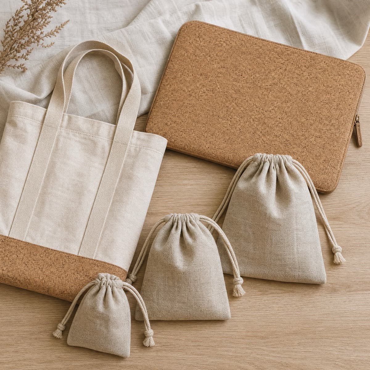 A cork laptop sleeve, three linen pouches and a canvas and cork tote