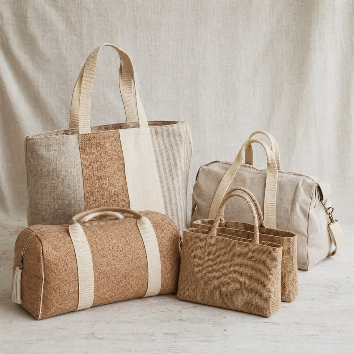 A four-fibre tote, a cork weekender, a canvas duffel and two lined jute totes